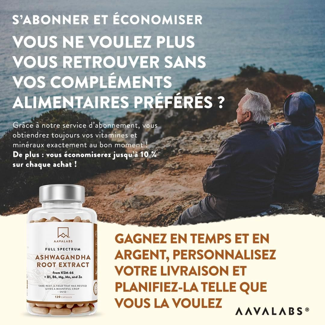 Ashwagandha KSM-66 1000Mg, Vitamine B6, Vitamine B1, Zinc, Magnesium, Manganese - Extrait De Racine Ashwagandha, Bio Poivre Noir - Ashwaganda (Ginseng Indien) Extra Fort 5% Withanolides - 120 Gélules