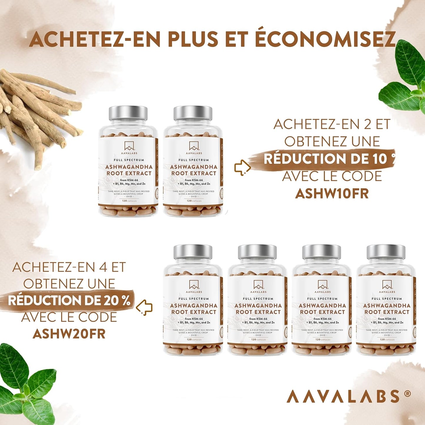 Ashwagandha KSM-66 1000Mg, Vitamine B6, Vitamine B1, Zinc, Magnesium, Manganese - Extrait De Racine Ashwagandha, Bio Poivre Noir - Ashwaganda (Ginseng Indien) Extra Fort 5% Withanolides - 120 Gélules