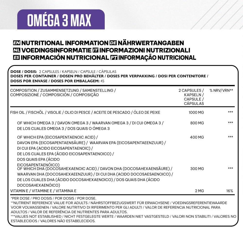 - Oméga 3 Max (90 Caps) - 800 Mg D'Oméga-3 - Ratio EPA/DHA Idéal - Enrichi En Vitamine E Pour Une Meilleure Absorbtion