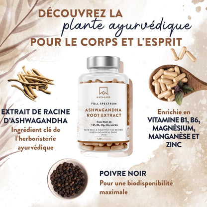 Ashwagandha KSM-66 1000Mg, Vitamine B6, Vitamine B1, Zinc, Magnesium, Manganese - Extrait De Racine Ashwagandha, Bio Poivre Noir - Ashwaganda (Ginseng Indien) Extra Fort 5% Withanolides - 120 Gélules