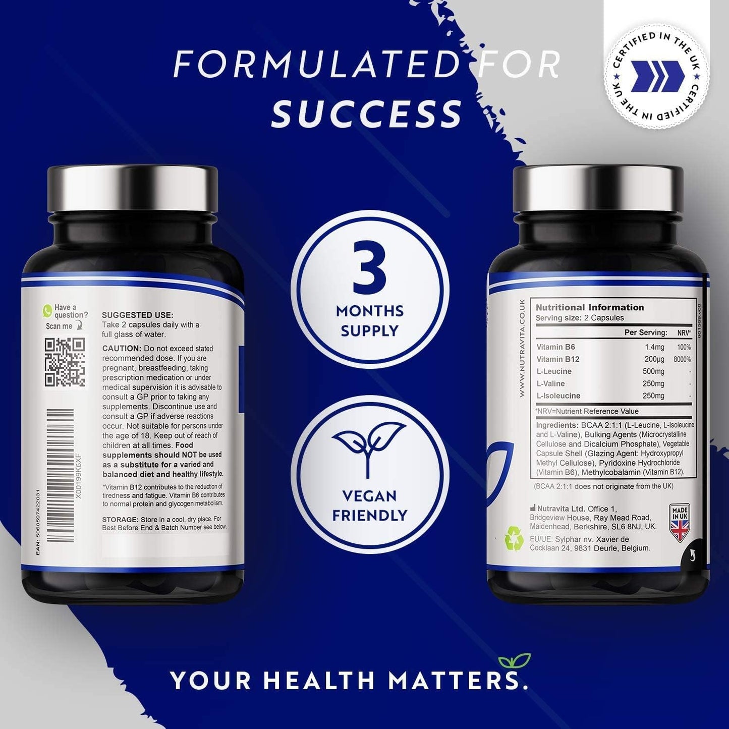 BCAA Haute Résistance 1000Mg 2:1:1 - Supplément Sport - Leucine, Isoleucine Et Valine Avec Vitamines B6 Et B12 Ajoutées - Réduction De La Fatigue - 180 Capsules Végan - Fabriqué Par