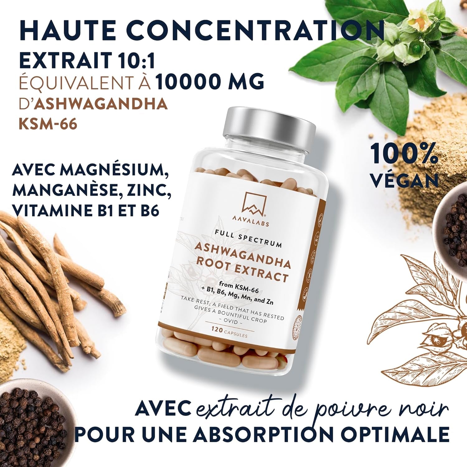 Ashwagandha KSM-66 1000Mg, Vitamine B6, Vitamine B1, Zinc, Magnesium, Manganese - Extrait De Racine Ashwagandha, Bio Poivre Noir - Ashwaganda (Ginseng Indien) Extra Fort 5% Withanolides - 120 Gélules