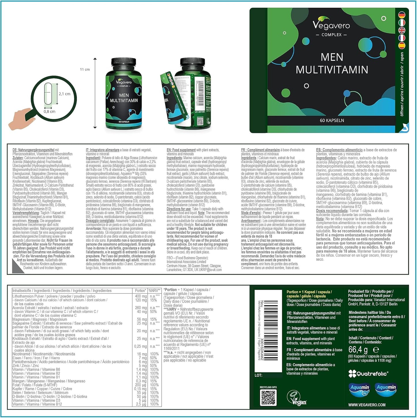 Multivitamines Et Minéraux Pour HOMME | Prostate + Santé Cardiaque | SANS ADDITIFS | Extrait Ail + Saw Palmetto | Avec 17 Mineraux + Vitamines | VEGAN | 60 Gélules | ®