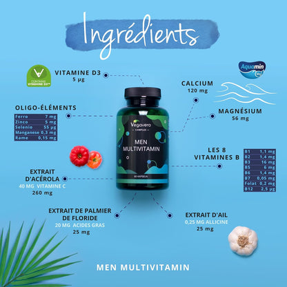 Multivitamines Et Minéraux Pour HOMME | Prostate + Santé Cardiaque | SANS ADDITIFS | Extrait Ail + Saw Palmetto | Avec 17 Mineraux + Vitamines | VEGAN | 60 Gélules | ®