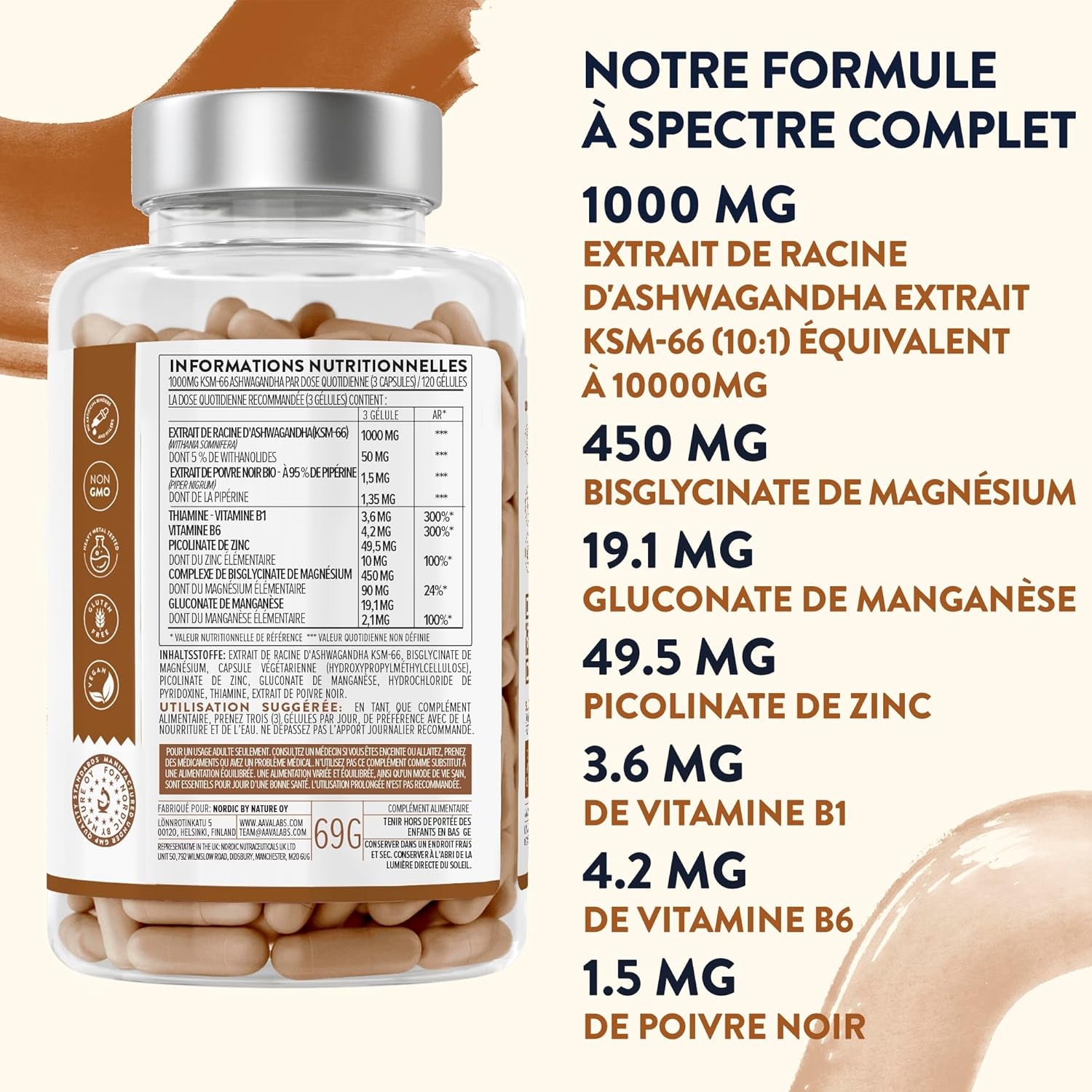 Ashwagandha KSM-66 1000Mg, Vitamine B6, Vitamine B1, Zinc, Magnesium, Manganese - Extrait De Racine Ashwagandha, Bio Poivre Noir - Ashwaganda (Ginseng Indien) Extra Fort 5% Withanolides - 120 Gélules