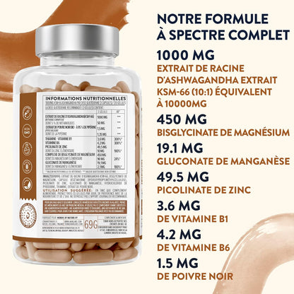 Ashwagandha KSM-66 1000Mg, Vitamine B6, Vitamine B1, Zinc, Magnesium, Manganese - Extrait De Racine Ashwagandha, Bio Poivre Noir - Ashwaganda (Ginseng Indien) Extra Fort 5% Withanolides - 120 Gélules