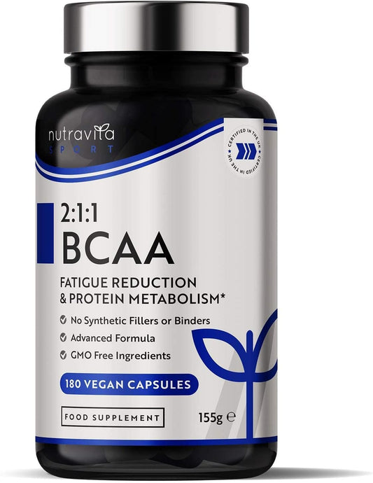 BCAA Haute Résistance 1000Mg 2:1:1 - Supplément Sport - Leucine, Isoleucine Et Valine Avec Vitamines B6 Et B12 Ajoutées - Réduction De La Fatigue - 180 Capsules Végan - Fabriqué Par