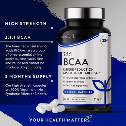 BCAA Haute Résistance 1000Mg 2:1:1 - Supplément Sport - Leucine, Isoleucine Et Valine Avec Vitamines B6 Et B12 Ajoutées - Réduction De La Fatigue - 180 Capsules Végan - Fabriqué Par