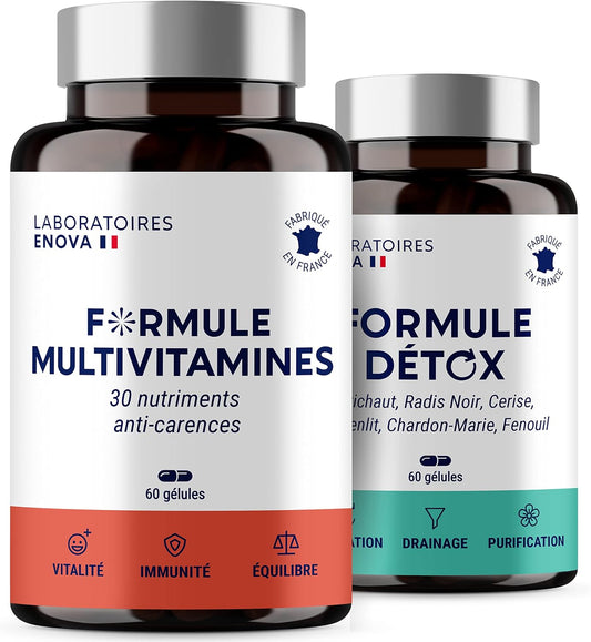 FORMULE DETOX + FORMULE MULTIVITAMINES | 60 Gélules + 60 Gélules | Fabriqué En France (PACK DUO)